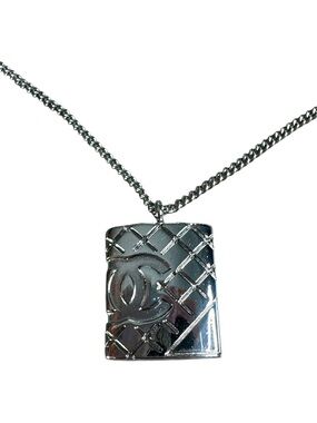 CHANEL Silver Quilted CC Logo Rectangular Pendant Necklace